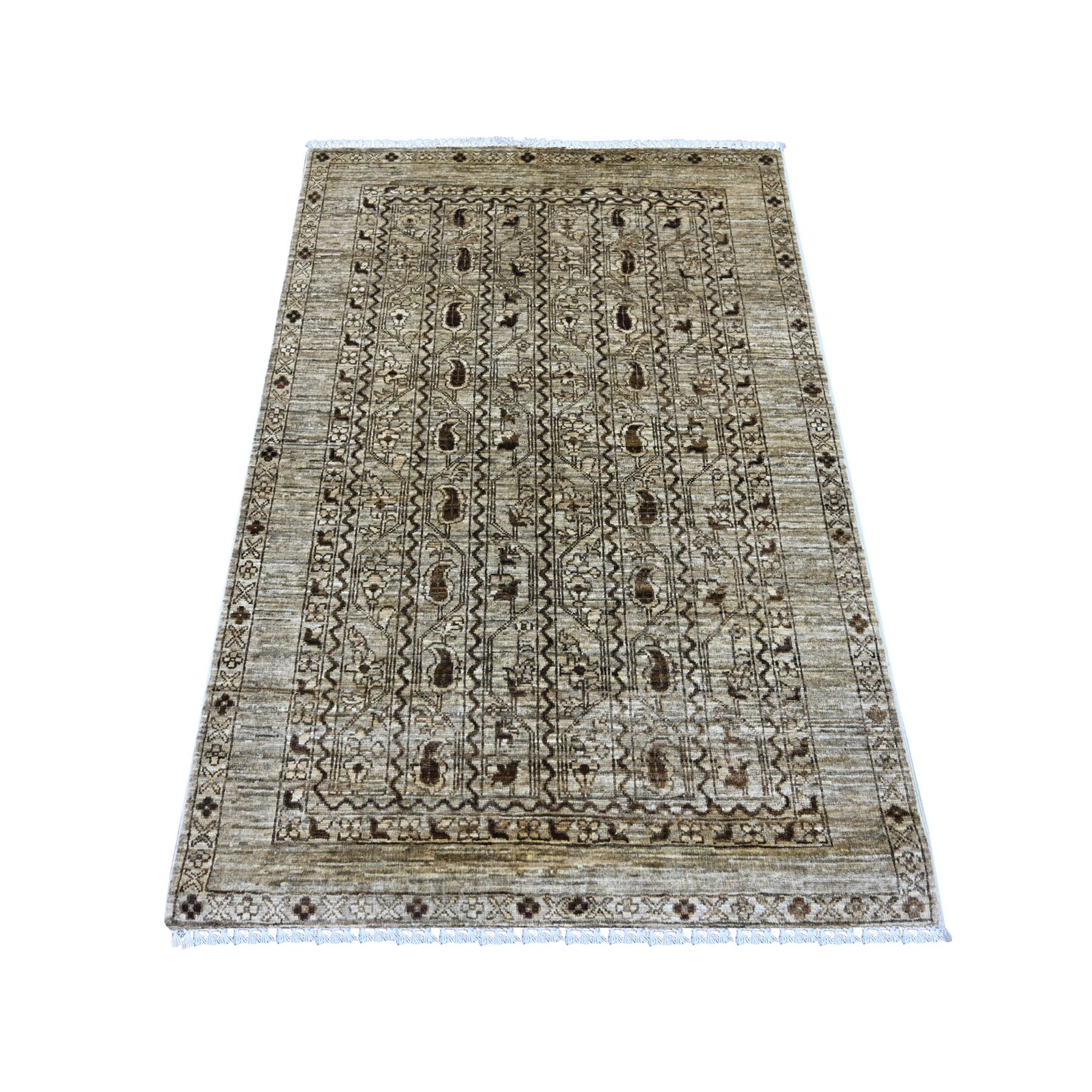 3'3"x5' Light Brown, Soft Colors Shawl Design with Paisleys, Denser Weave, Pure Wool, Hand Knotted, Oriental Rug 